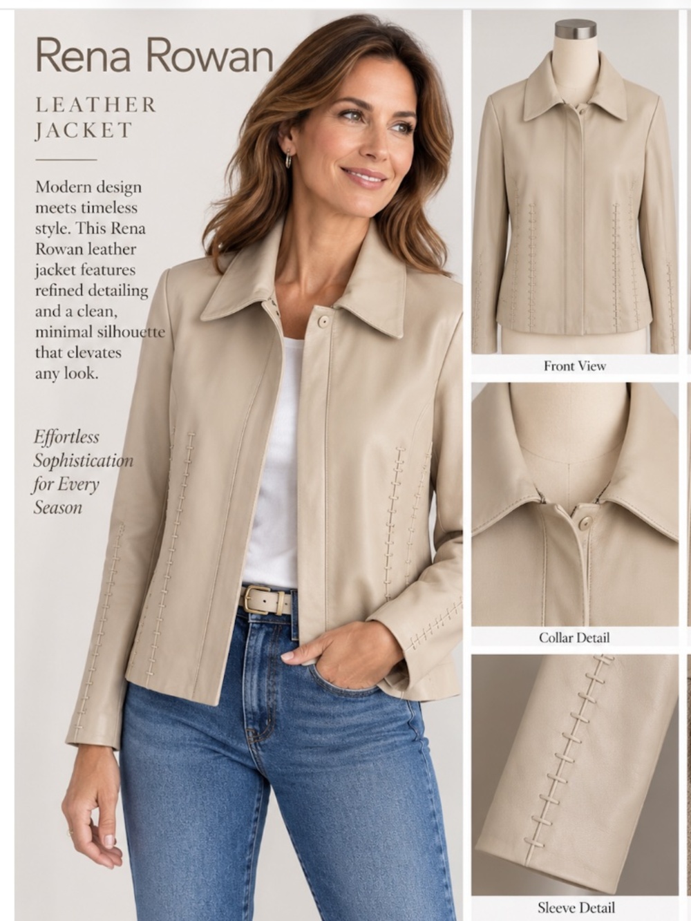 Rena Rowan Taupe Leather Jacket Laced Stitch Detail Minimalist Luxury, Sz 14